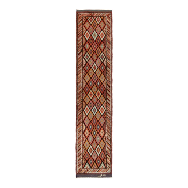 1950s Vintage Tribal Runner in Multicolor Diamond Patterns, Geometric Border For Sale