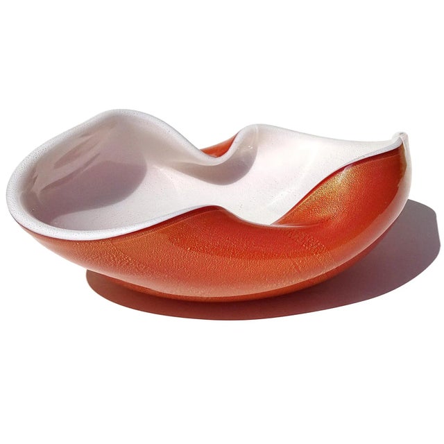 Mid 20th Century Vintage Murano Barbini Persimmon Orange White Gold Flecks Italian Art Glass Centerpiece Fruit Bowl For Sale - Image 5 of 12