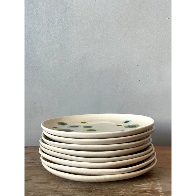 Mid-Century Modern Vintage Boho Glazed Ceramic Polka Dot Plates - Set of 8 For Sale - Image 3 of 8