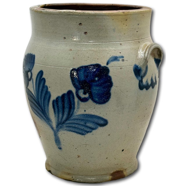 Blue Outstanding Large 3 Gallon Size Antique American Stoneware Jar With Extensive Blue Hand Decorated Features - Circa 1830s For Sale - Image 8 of 18