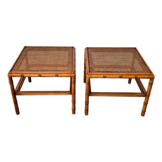 1970s Pair of large faux bamboo wood side tables with caned tops For Sale
