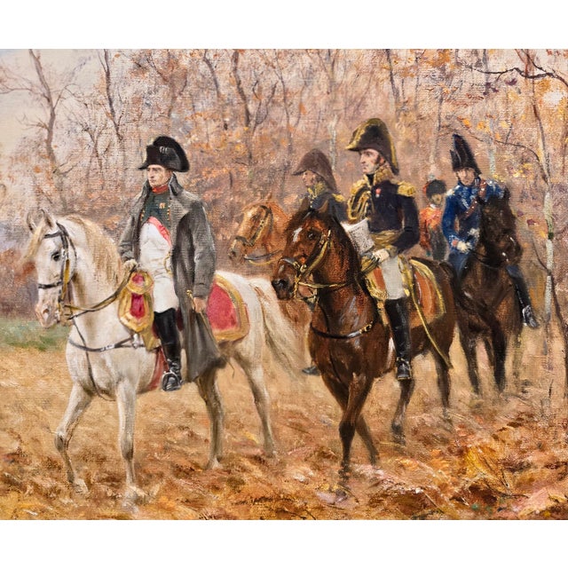 1910s Raymond Desvarreux-Larpenteur -Napoleon on Horseback Accompanied by His Officers-Oil Painting For Sale - Image 5 of 11