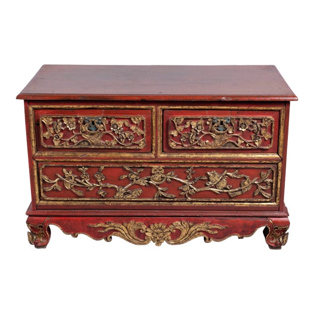 Mid 20th Century Javanese Parcel-Gilt Red Painted Teak Storage Chest of Drawers For Sale