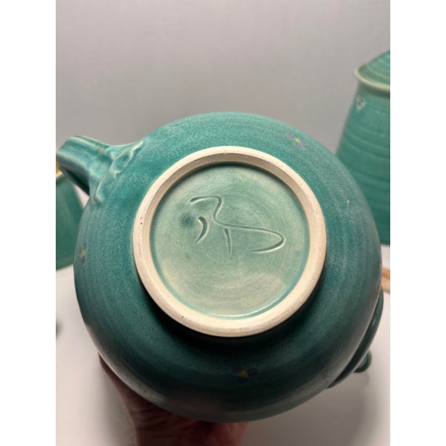 Ceramic Vintage Studio Art Pottery Tea Set: Teapot Warmer Mugs Lidded Jar Artist Signed- 10 Pieces For Sale - Image 7 of 11