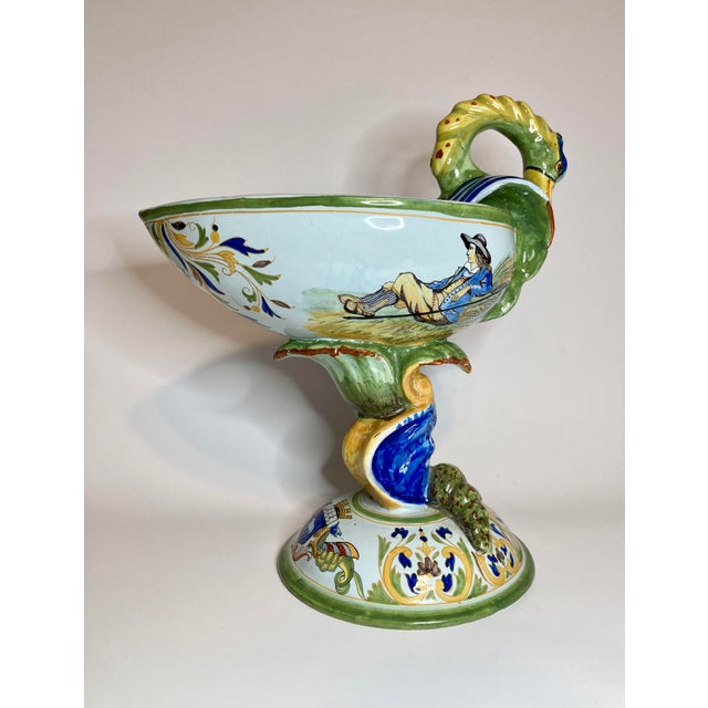 French Provincial Antique French Quimper Porquier-Beau Footed Compote With Swan Handle For Sale - Image 3 of 16