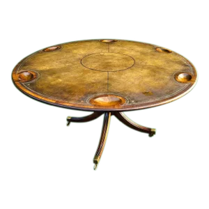 Vintage Round English Leather Tilt- Top Mahogany Game Table