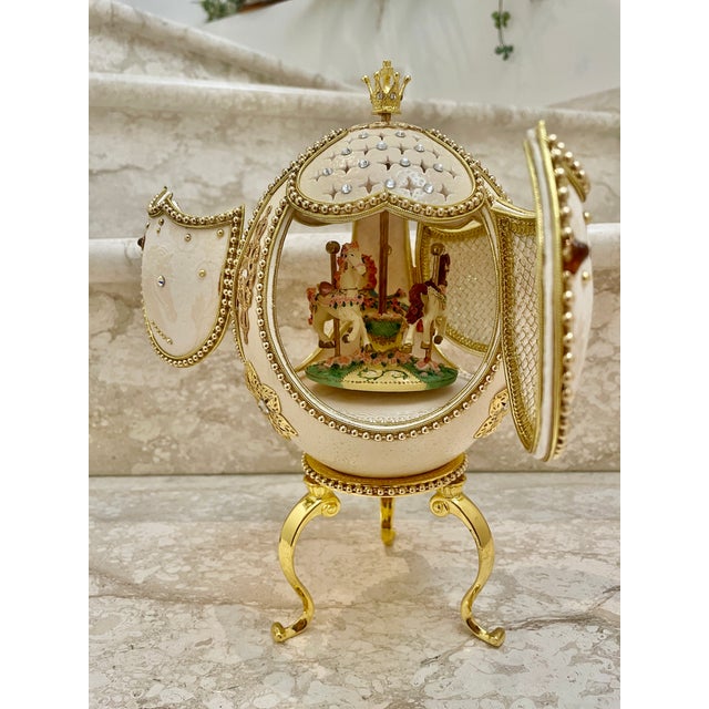 2005 Vintage Fabergé Egg Style XXXXL Pierre Lorren Natural Egg Hand Carved Faberge Style Music Austrian Crystal Pure Gold Deco Handmade 5.1" X 5.9" For Sale - Image 14 of 15