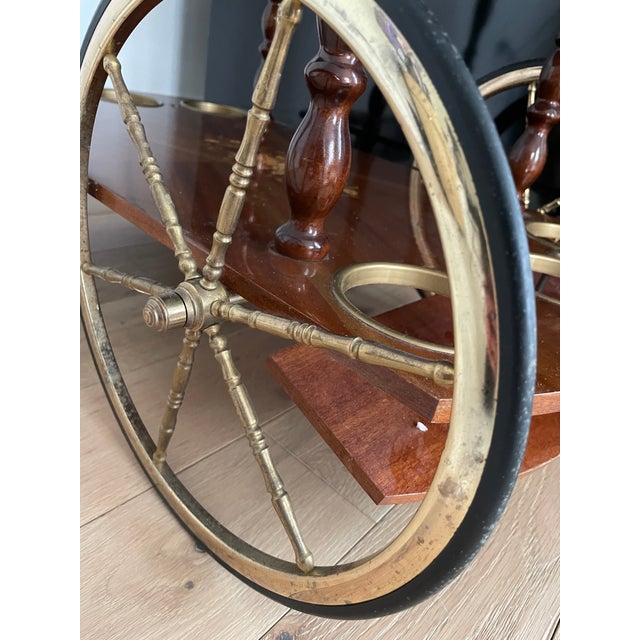 Mid 20th Century Italian Inlaid Wood Bar Cart With Brass Wheels & Drop-Leaf Top For Sale - Image 10 of 18