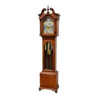Colonial Cherry Grandfather Clock Vintage Moon Dial Triple Weights Chime For Sale