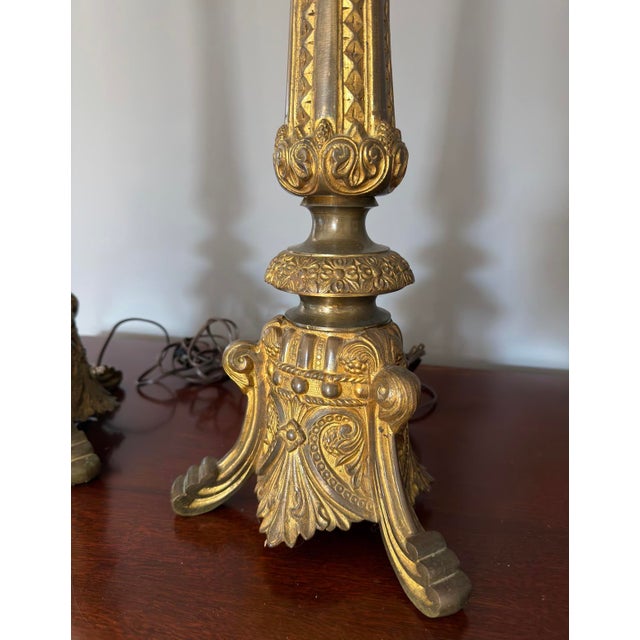 Mid 20th Century Italian Baroque Studded Gilt Brass Buffet Lamps - a Pair For Sale - Image 4 of 10