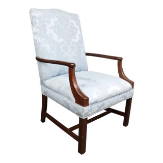 Chippendale Style Mahogany Blue Damask Library Chair For Sale