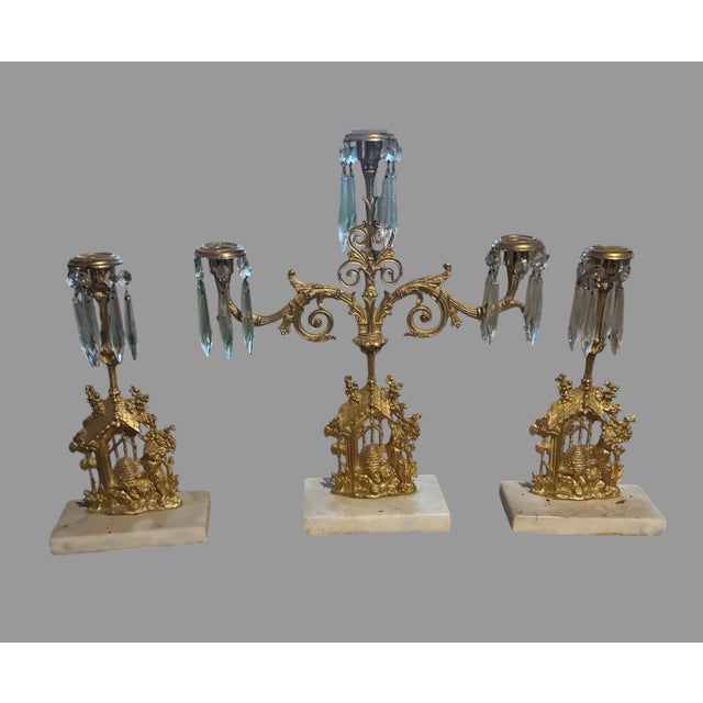 Antique 3pc Bear Beehive Girandole Candelabra Set Gilt Brass Crystal Marble For Sale - Image 4 of 10