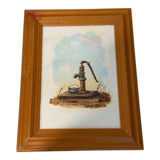 Vintage Water Hand Pump Country Farm Art Miniature Painting Signed by Artist Cora Lee Sanders For Sale