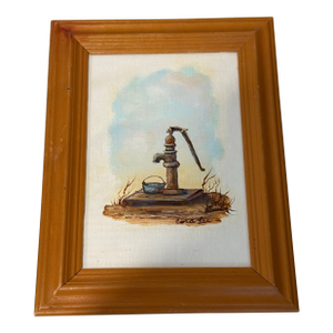 Vintage Water Hand Pump Country Farm Art Miniature Painting Signed by Artist Cora Lee Sanders