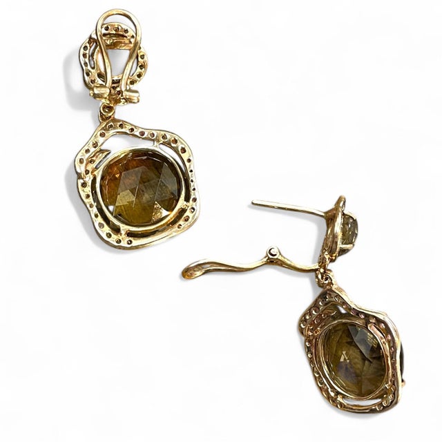 Art Deco Mid 20th Century 14k Yellow Gold Smoky Quartz and Diamond Dangle Earrings - 2 Pieces For Sale - Image 3 of 4