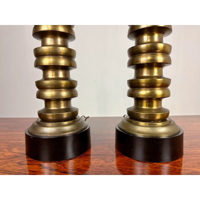 Mid 20th Century Modernist Paul Hanson Style Brass Column Table Lamps—a Pair For Sale In New York - Image 6 of 12