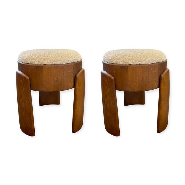 Wood Brutalist Wooden Bouclé Ottomans, Set of 2 For Sale - Image 7 of 7