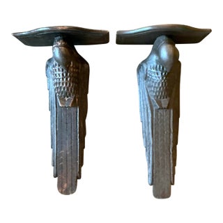 Vintage Boho Hand Carved Falcon Brackets - Set of 2 For Sale