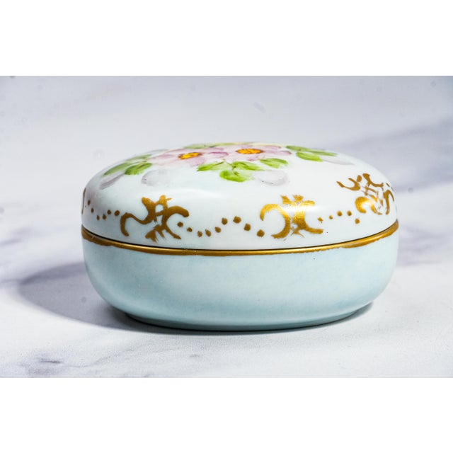 Delightful Hand Painted Floral Flower Theme Antique Small Porcelain Jewelry Trinket Box For Sale - Image 12 of 13