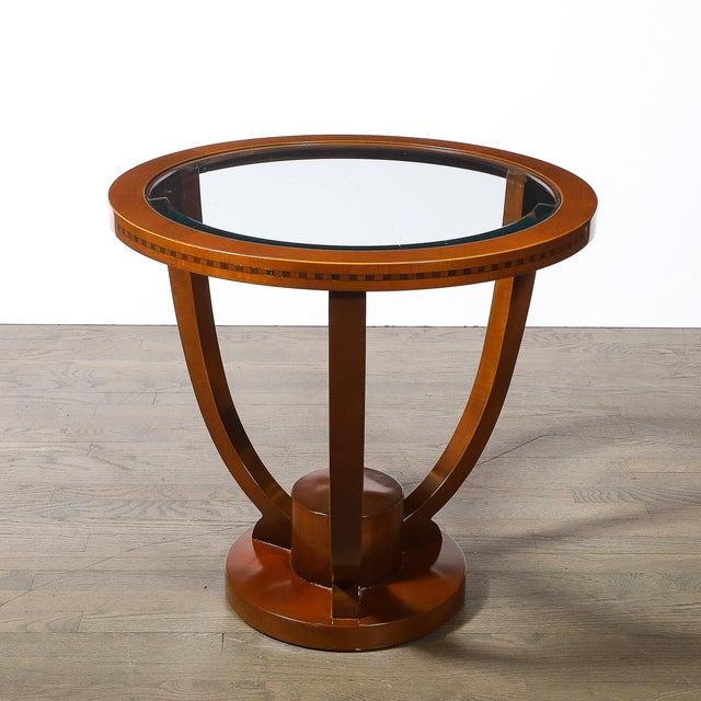 Art Deco Mid 20th Century Art Deco Inset Glass Top Gueridon Table in Hand-Rubbed Walnut W/ Inlayed Details For Sale - Image 3 of 9