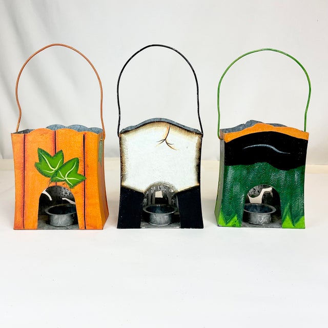 American Late 20th C Boho Chic Americana Whimsical Halloween Tole Candleholders - Set of 3. For Sale - Image 3 of 8