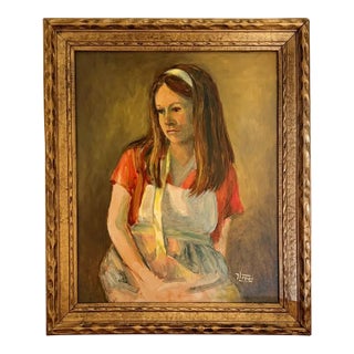 Vintage 1960s Impressionist Portrait Painting Gold Frame - Young Woman in Apron For Sale