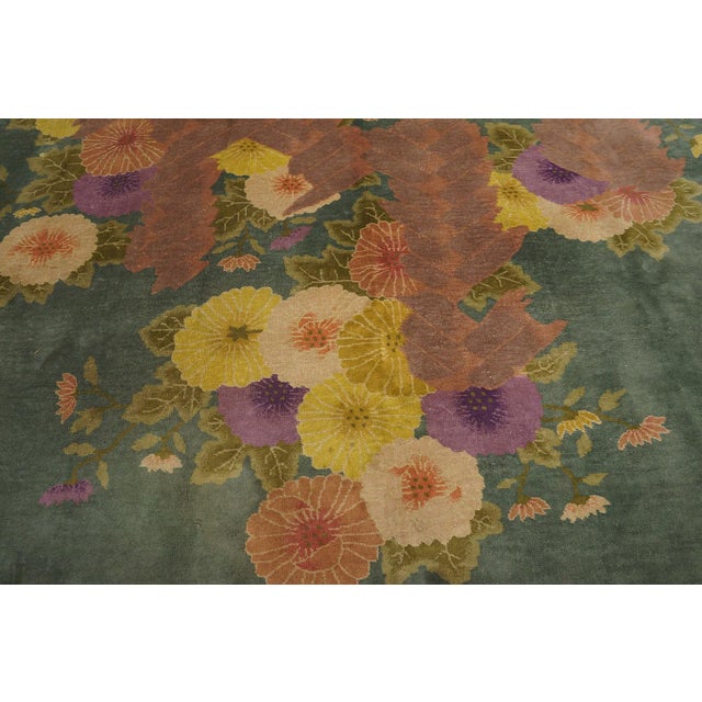 1920s Green Floral Modern Antique Chinese Art Deco Rug by Nichols Workshop 7'10''x9'2'' Wool Carpet For Sale - Image 10 of 12