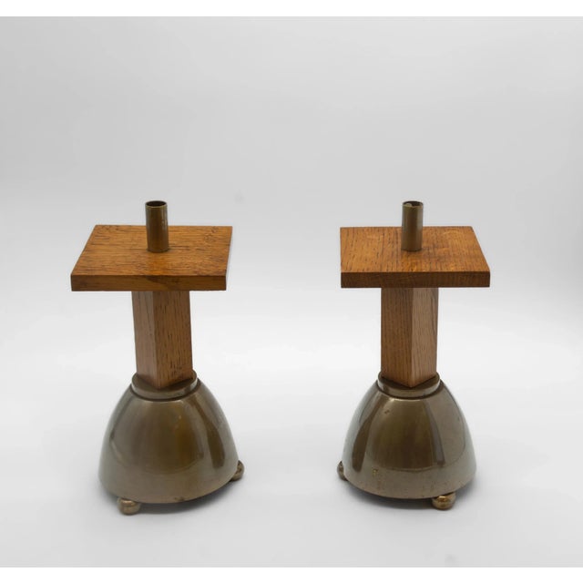 Brutalist Oak & Brass Candleholders, Set of 4 For Sale - Image 4 of 9