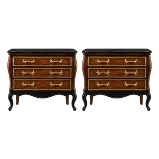 Mid 20th Century Pair of Permacraft French Provincial Nightstands | Onyx Black & Tobacco Reserve Finish With Hand-Gilded Details For Sale