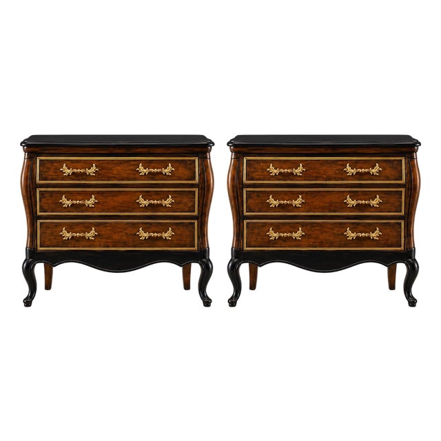 Mid 20th Century Pair of Permacraft French Provincial Nightstands | Onyx Black & Tobacco Reserve Finish With Hand-Gilded Details For Sale