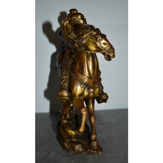 Metal Vintage Solid Bronze Chinese Warrior Figure on Horse W/Jewels For Sale - Image 7 of 12