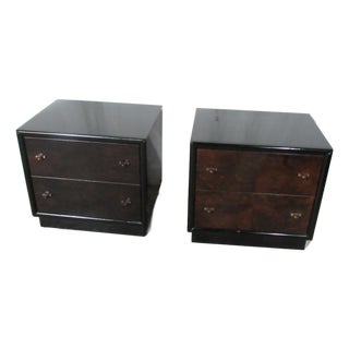 1980s Pair Henredon Scene Three Nightstands Tables Mid Century Style Black Modern For Sale