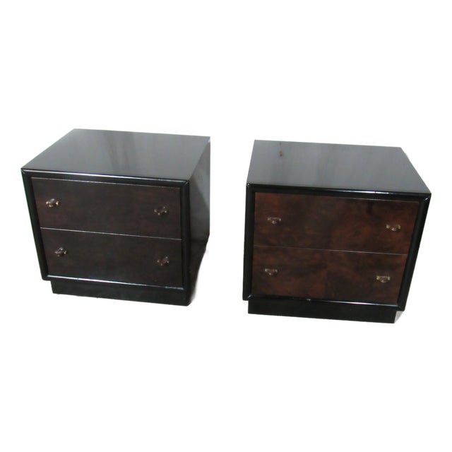 1980s Pair Henredon Scene Three Nightstands Tables Mid Century Style Black Modern For Sale