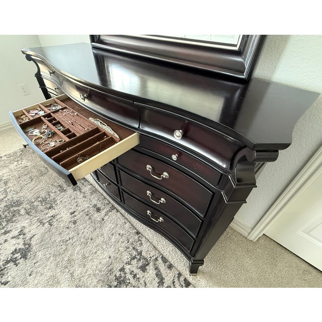 11-Drawer Traditional Espresso Bow-Front Dresser With Mirror & Jewelry Storage For Sale - Image 10 of 14