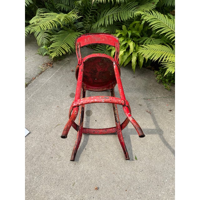 1940s Vintage Industrial Distressed Red Metal Machinist Counter Stool For Sale - Image 6 of 10