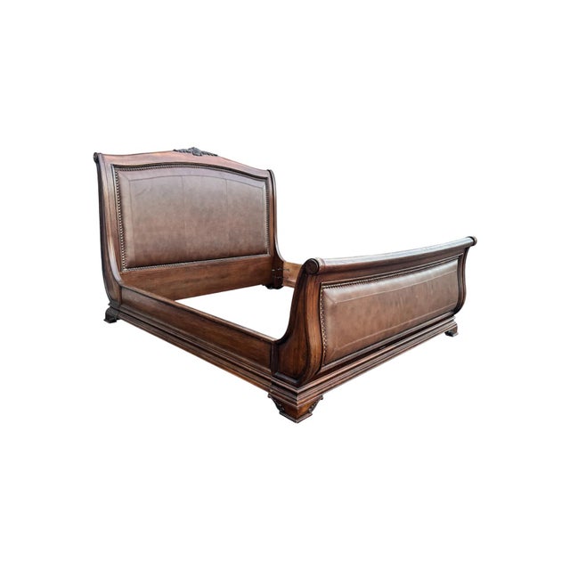 2000 - 2009 King Size Wood Leather Sleigh Bed Frame For Sale - Image 5 of 6