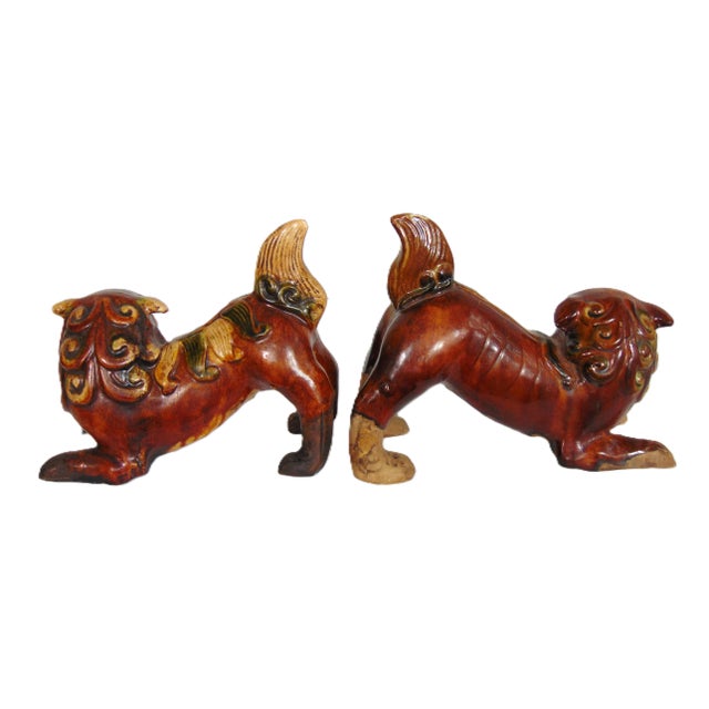 Asian Pair of Glazed Foo Dogs 7 3/4"w X 7"h For Sale - Image 3 of 9