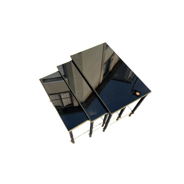 1950s Stitched Leather and Brass Nesting Tables by Jacques Adnet, 1950s, Set of 3 For Sale - Image 5 of 9