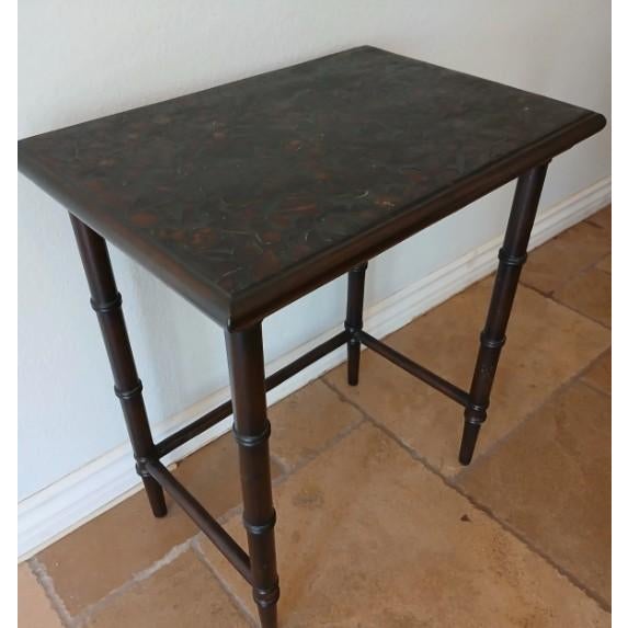 Brown 1950s MCM Nesting Tables Chinoiserie Lacquered Mosaic Faux Bamboo Legs Asian Vintage For Sale - Image 8 of 18