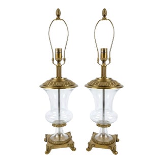Neoclassical Brass & Blown Glass Hurricane Urn Table Lamps - A Pair For Sale