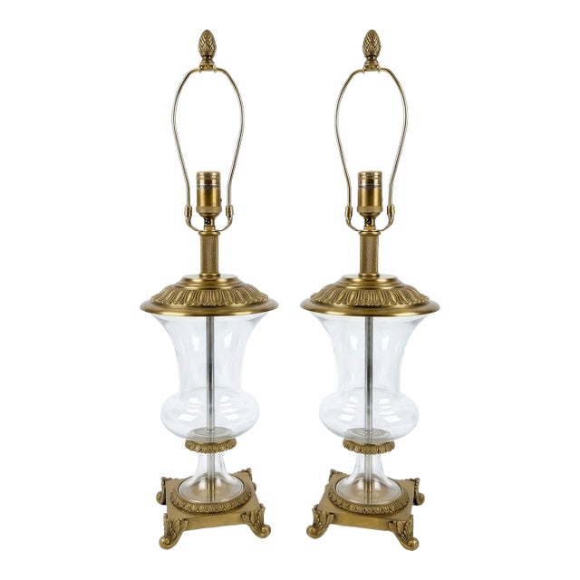 Neoclassical Brass & Blown Glass Hurricane Urn Table Lamps - A Pair For Sale