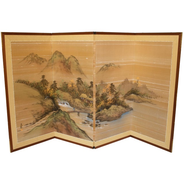 1960s Shōwa Era Japanese Byobu Screen, "Mountain Landscape With River and Bridge" For Sale - Image 4 of 18