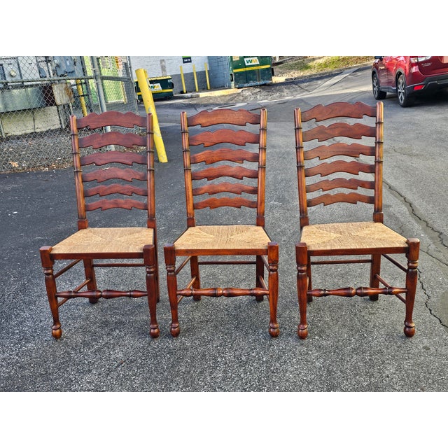 Brown Late 20th Century Set of Six English Oak Faux Bamboo Mahogany Six-Splat Ladder Back Chairs With Rush Seats For Sale - Image 8 of 13