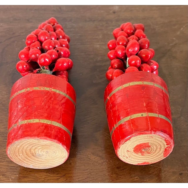 Antique Early 20th Century German Christmas Ornaments Paint Decorated and Carved Wood Red Berry Topiary Trees in Pots - a Pair For Sale In New York - Image 6 of 8