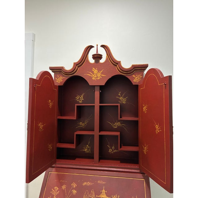 18th C Style Two Word Arts Red Chinoiserie Secretary Desk Bookcase (2 Pieces) With Custom Paint For Sale - Image 11 of 13