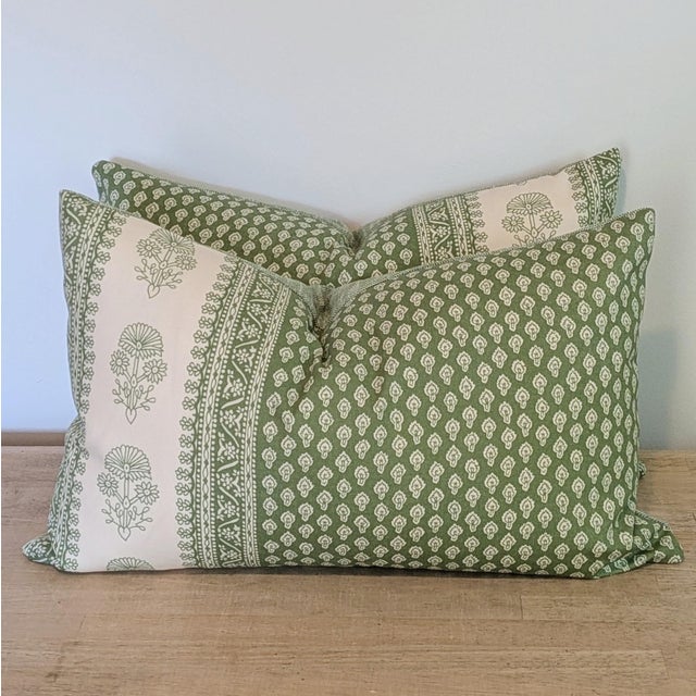 Schumacher Hyacinth Leaf Green Outdoor Lumbars with coordinating green outdoor backs. Invisible zippers and professionally...
