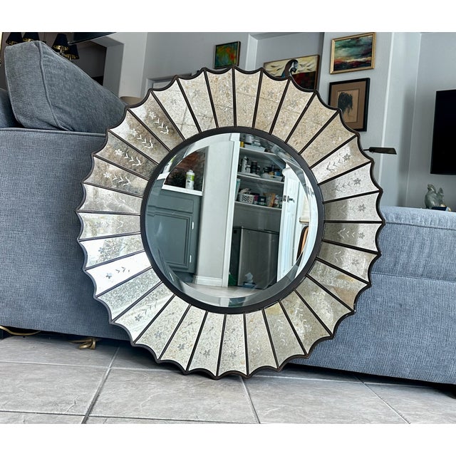 Mid-Century Modern Uttermost Round Sunburst Venetian Style Etched Glass Wall Mirror For Sale - Image 3 of 17