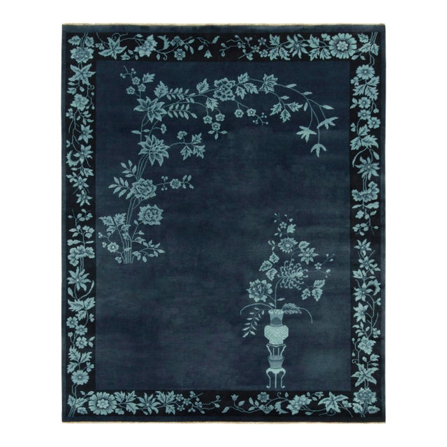 Rug & Kilim Chinese Style Art Deco Rug in Blue Floral Patterns - 10'x14' For Sale
