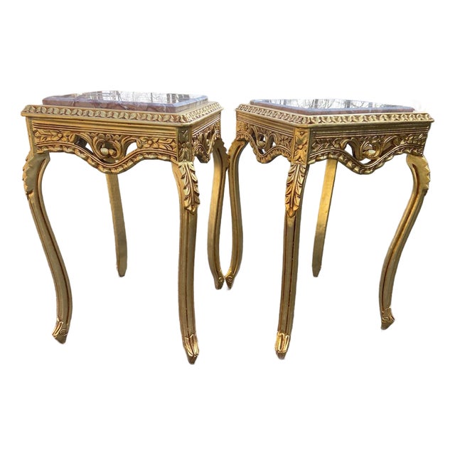 1990s French Louis XVI Gold Pink Marble Side Tables Pair For Sale