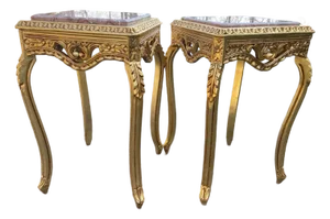 1990s French Louis XVI Gold Pink Marble Side Tables Pair